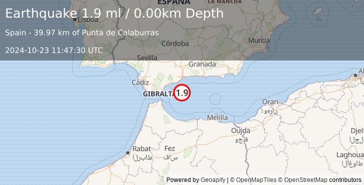 Earthquake STRAIT OF GIBRALTAR (1.9 ml) (2024-10-23 11:47:30 UTC)