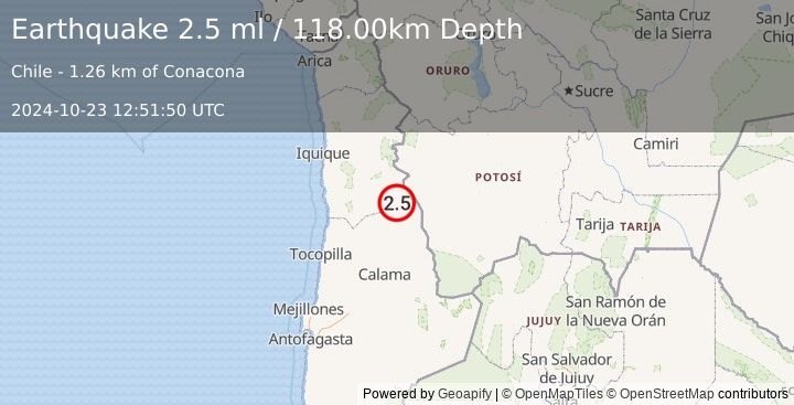 Earthquake ANTOFAGASTA, CHILE (2.5 ml) (2024-10-23 12:51:50 UTC)