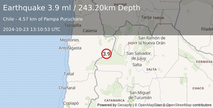 Earthquake ANTOFAGASTA, CHILE (3.9 ml) (2024-10-23 13:10:53 UTC)