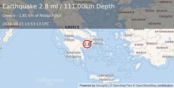 Earthquake SOUTHERN GREECE (2.8 ml) (2024-10-23 13:53:13 UTC)