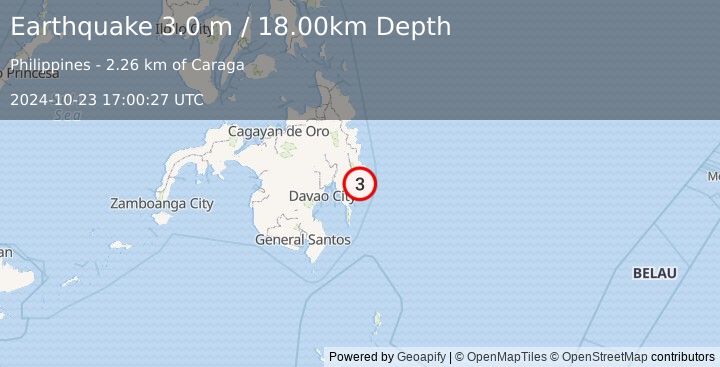 Earthquake MINDANAO, PHILIPPINES (3.0 m) (2024-10-23 17:00:27 UTC)