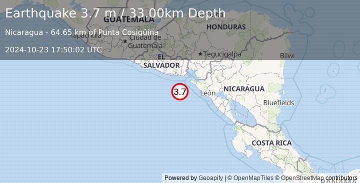 Earthquake NEAR COAST OF NICARAGUA (3.7 m) (2024-10-23 17:50:02 UTC)