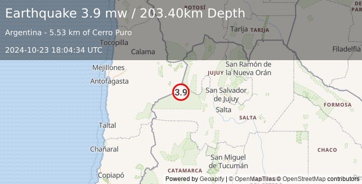 Earthquake SALTA, ARGENTINA (3.9 mw) (2024-10-23 18:04:34 UTC)