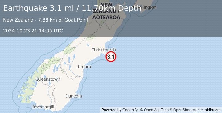 Earthquake OFF E. COAST OF S. ISLAND, N.Z. (3.1 ml) (2024-10-23 21:14:05 UTC)