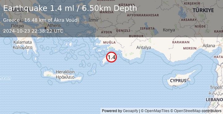 Earthquake DODECANESE IS.-TURKEY BORDER REG (1.4 ml) (2024-10-23 22:38:22 UTC)