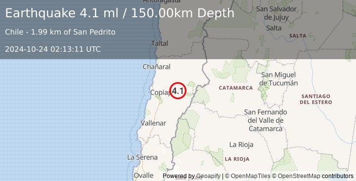 Earthquake ATACAMA, CHILE (4.1 ml) (2024-10-24 02:13:11 UTC)