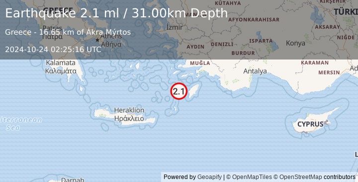 Earthquake DODECANESE IS.-TURKEY BORDER REG (2.1 ml) (2024-10-24 02:25:16 UTC)