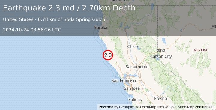 Earthquake NORTHERN CALIFORNIA (2.3 md) (2024-10-24 03:56:26 UTC)