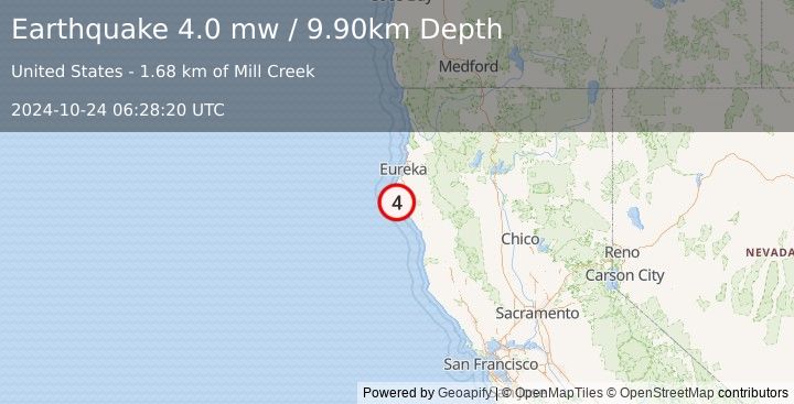 Earthquake NORTHERN CALIFORNIA (4.0 mw) (2024-10-24 06:28:20 UTC)