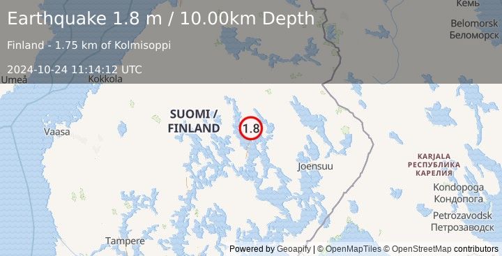 Earthquake FINLAND (1.8 m) (2024-10-24 11:14:12 UTC)