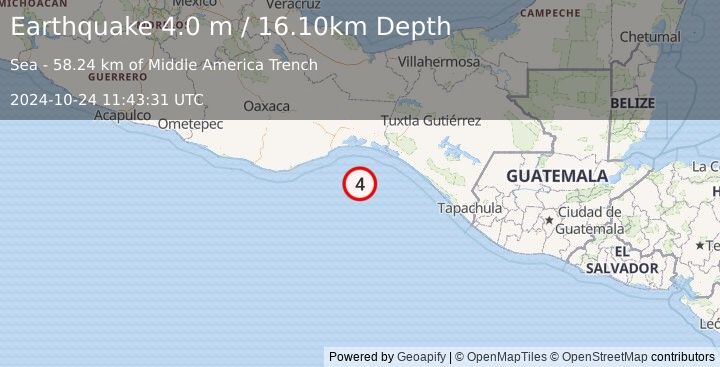 Earthquake OFFSHORE OAXACA, MEXICO (4.0 m) (2024-10-24 11:43:31 UTC)