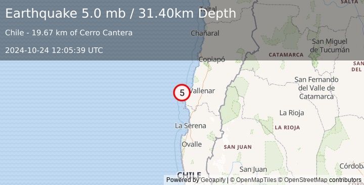 Earthquake OFFSHORE ATACAMA, CHILE (5.0 mb) (2024-10-24 12:05:39 UTC)