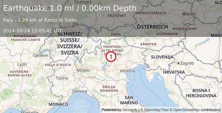 Earthquake NORTHERN ITALY (1.0 ml) (2024-10-24 15:05:41 UTC)