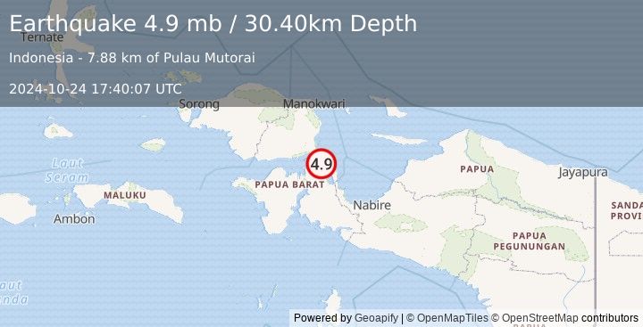 Earthquake NEAR N COAST OF PAPUA, INDONESIA (4.9 mb) (2024-10-24 17:40:07 UTC)