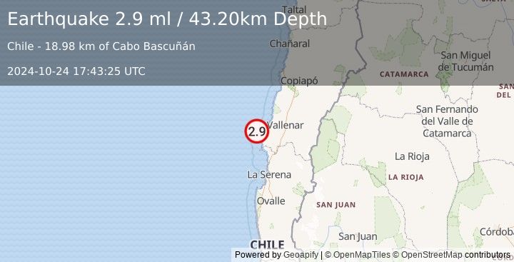 Earthquake OFFSHORE ATACAMA, CHILE (2.9 ml) (2024-10-24 17:43:25 UTC)