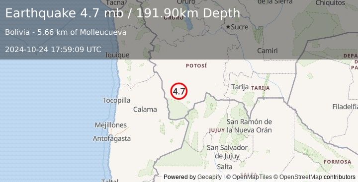 Earthquake POTOSI, BOLIVIA (4.7 mb) (2024-10-24 17:59:09 UTC)