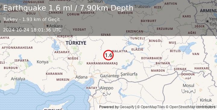 Earthquake CENTRAL TURKEY (1.6 ml) (2024-10-24 18:01:36 UTC)