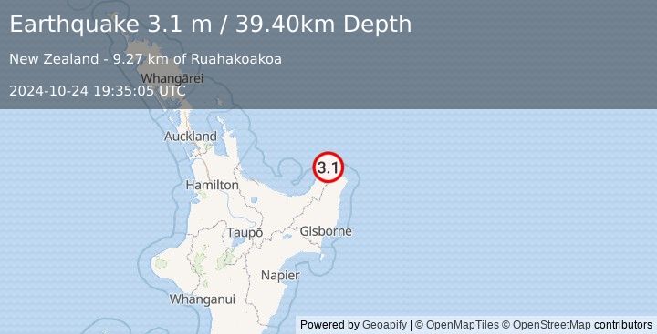 Earthquake OFF E. COAST OF N. ISLAND, N.Z. (3.1 m) (2024-10-24 19:35:05 UTC)