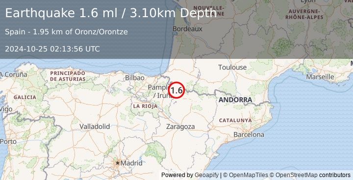 Earthquake PYRENEES (1.6 ml) (2024-10-25 02:13:56 UTC)