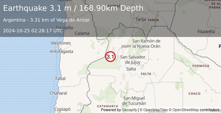 Earthquake JUJUY, ARGENTINA (3.1 m) (2024-10-25 02:28:17 UTC)