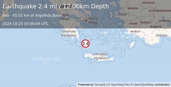 Earthquake SOUTHERN GREECE (2.4 ml) (2024-10-25 03:00:04 UTC)