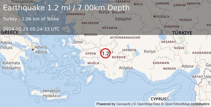 Earthquake WESTERN TURKEY (1.2 ml) (2024-10-25 05:24:33 UTC)