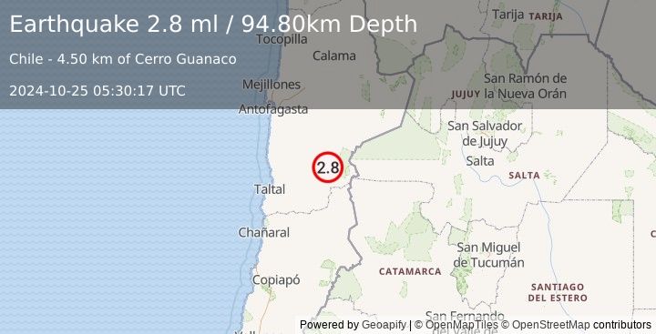 Earthquake ANTOFAGASTA, CHILE (2.8 ml) (2024-10-25 05:30:17 UTC)