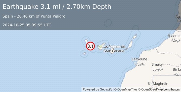 Earthquake CANARY ISLANDS, SPAIN REGION (3.1 ml) (2024-10-25 05:39:55 UTC)