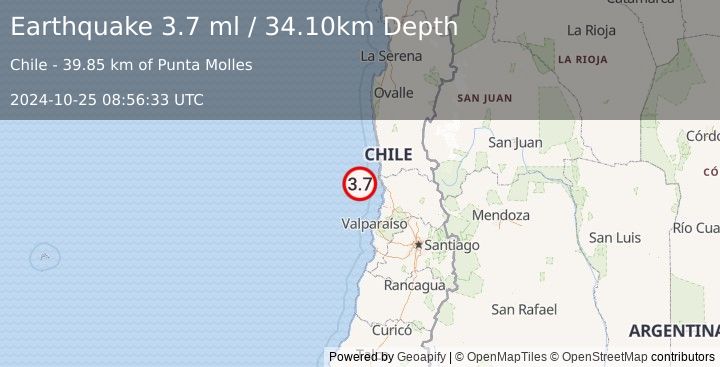 Earthquake OFFSHORE VALPARAISO, CHILE (3.7 ml) (2024-10-25 08:56:33 UTC)