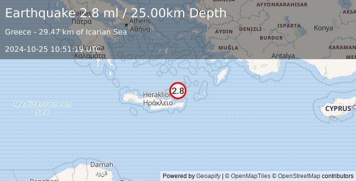 Earthquake CRETE, GREECE (2.8 ml) (2024-10-25 10:51:19 UTC)