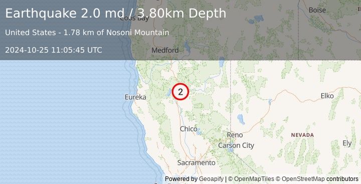 Earthquake NORTHERN CALIFORNIA (2.0 md) (2024-10-25 11:05:45 UTC)