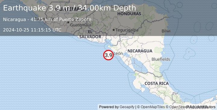 Earthquake NEAR COAST OF NICARAGUA (3.9 m) (2024-10-25 11:15:15 UTC)