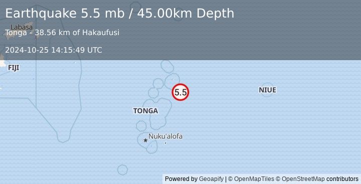 Earthquake TONGA (5.5 mb) (2024-10-25 14:15:49 UTC)