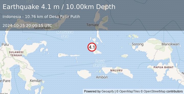 Earthquake KEPULAUAN OBI, INDONESIA (4.1 m) (2024-10-25 20:00:15 UTC)