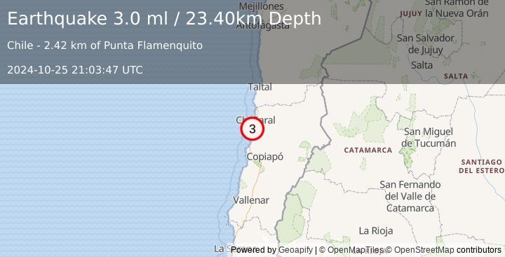 Earthquake OFFSHORE ATACAMA, CHILE (3.0 ml) (2024-10-25 21:03:47 UTC)