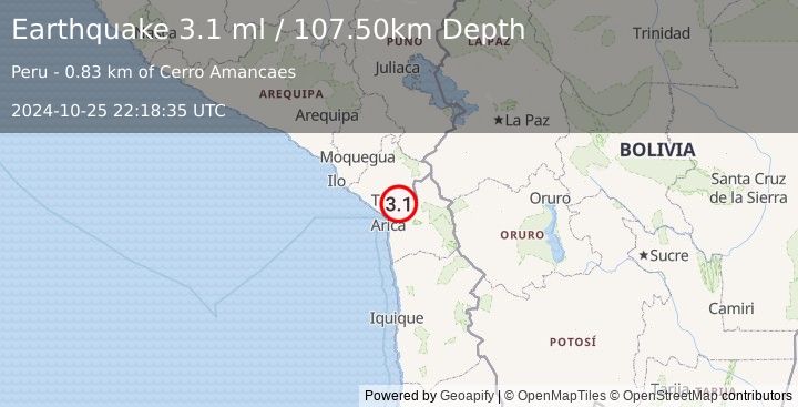 Earthquake OFFSHORE TARAPACA, CHILE (3.1 ml) (2024-10-25 22:18:35 UTC)