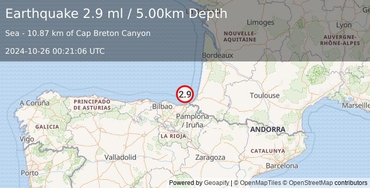 Earthquake PYRENEES (2.9 ml) (2024-10-26 00:21:06 UTC)