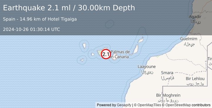 Earthquake CANARY ISLANDS, SPAIN REGION (2.1 ml) (2024-10-26 01:30:14 UTC)