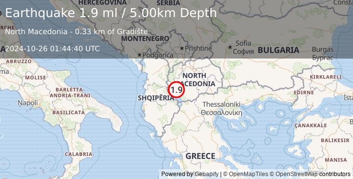 Earthquake REPUBLIC OF NORTH MACEDONIA (1.9 ml) (2024-10-26 01:44:40 UTC)