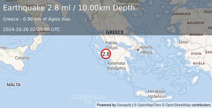 Earthquake SOUTHERN GREECE (2.8 ml) (2024-10-26 02:25:00 UTC)