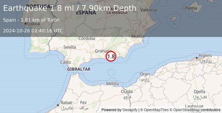 Earthquake STRAIT OF GIBRALTAR (1.8 ml) (2024-10-26 02:40:16 UTC)