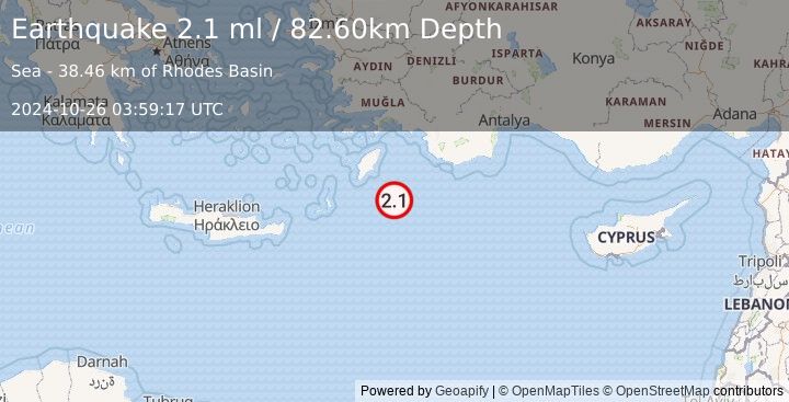 Earthquake EASTERN MEDITERRANEAN SEA (2.1 ml) (2024-10-26 03:59:17 UTC)