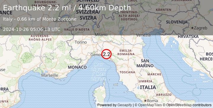 Earthquake NORTHERN ITALY (2.2 ml) (2024-10-26 05:06:13 UTC)