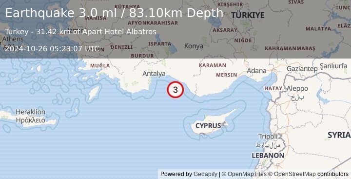 Earthquake WESTERN TURKEY (3.0 ml) (2024-10-26 05:23:07 UTC)