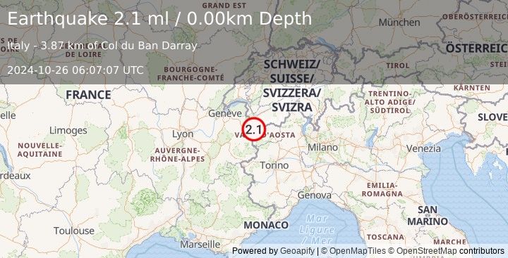 Earthquake NORTHERN ITALY (2.1 ml) (2024-10-26 06:07:07 UTC)