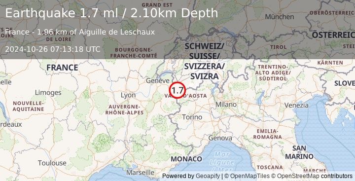 Earthquake NORTHERN ITALY (1.7 ml) (2024-10-26 07:13:18 UTC)