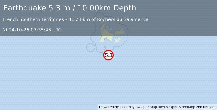 Earthquake KERGUELEN ISLANDS REGION (5.3 m) (2024-10-26 07:35:46 UTC)