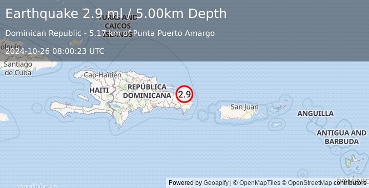 Earthquake DOMINICAN REPUBLIC REGION (2.9 ml) (2024-10-26 08:00:23 UTC)