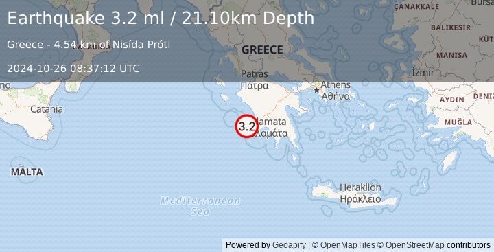 Earthquake SOUTHERN GREECE (3.2 ml) (2024-10-26 08:37:12 UTC)