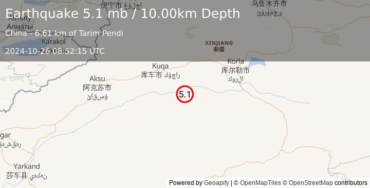 Earthquake SOUTHERN XINJIANG, CHINA (5.1 mb) (2024-10-26 08:52:15 UTC)